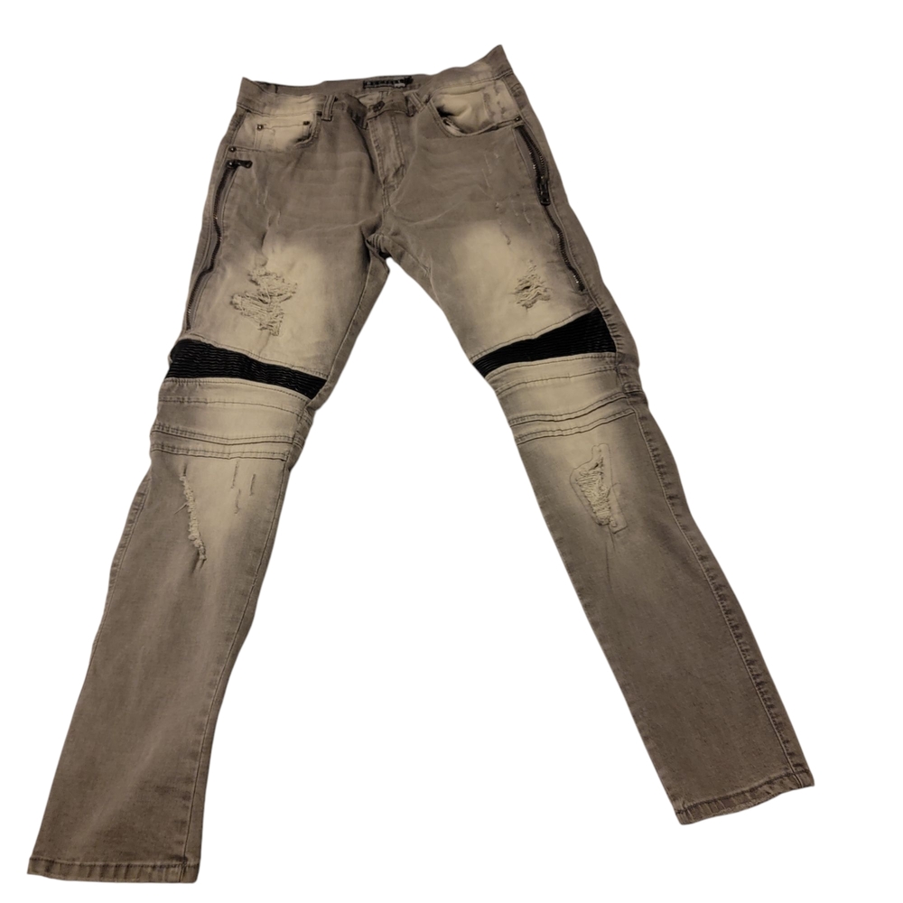 Men's Distressed Gray Jeans with Black Accents